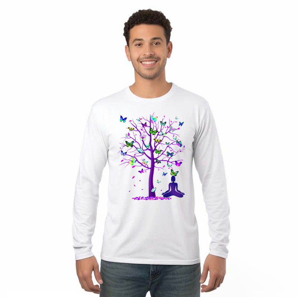 Butterfly Tree Meditation Long Slevee Shirt Cute Butterfly Graphic Tee Present Ideas For Girlfriend